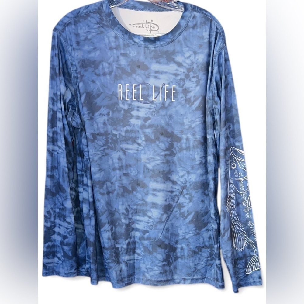 Reel Life Blue Tie-Dye Long Sleeve Shirt with Fish Design L
